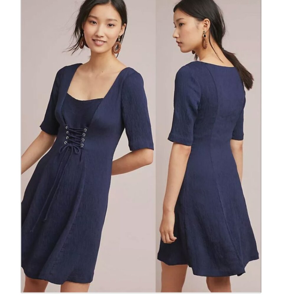 NWT Anthropologie Maeve Juliet Corseted Dress Sz 4 Navy Blue Fit & Flare Lace Up